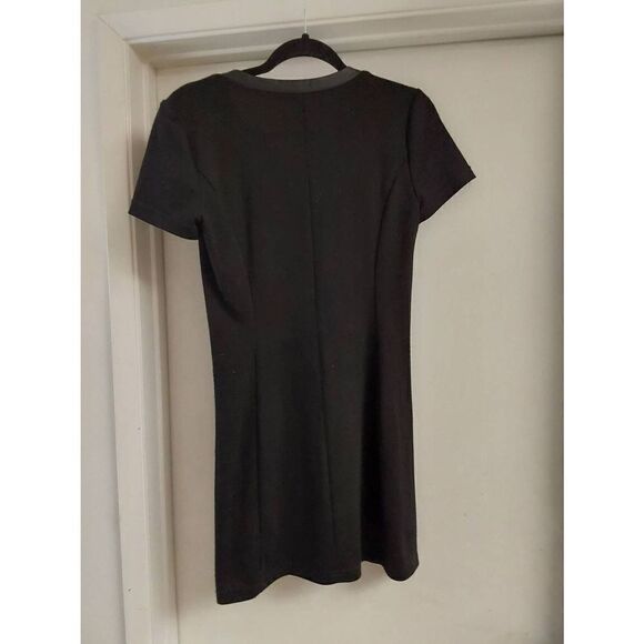 Black Stretchy Mini Dress with Black Vegan Leather Trim Sz Medium - Picture 2 of 2
